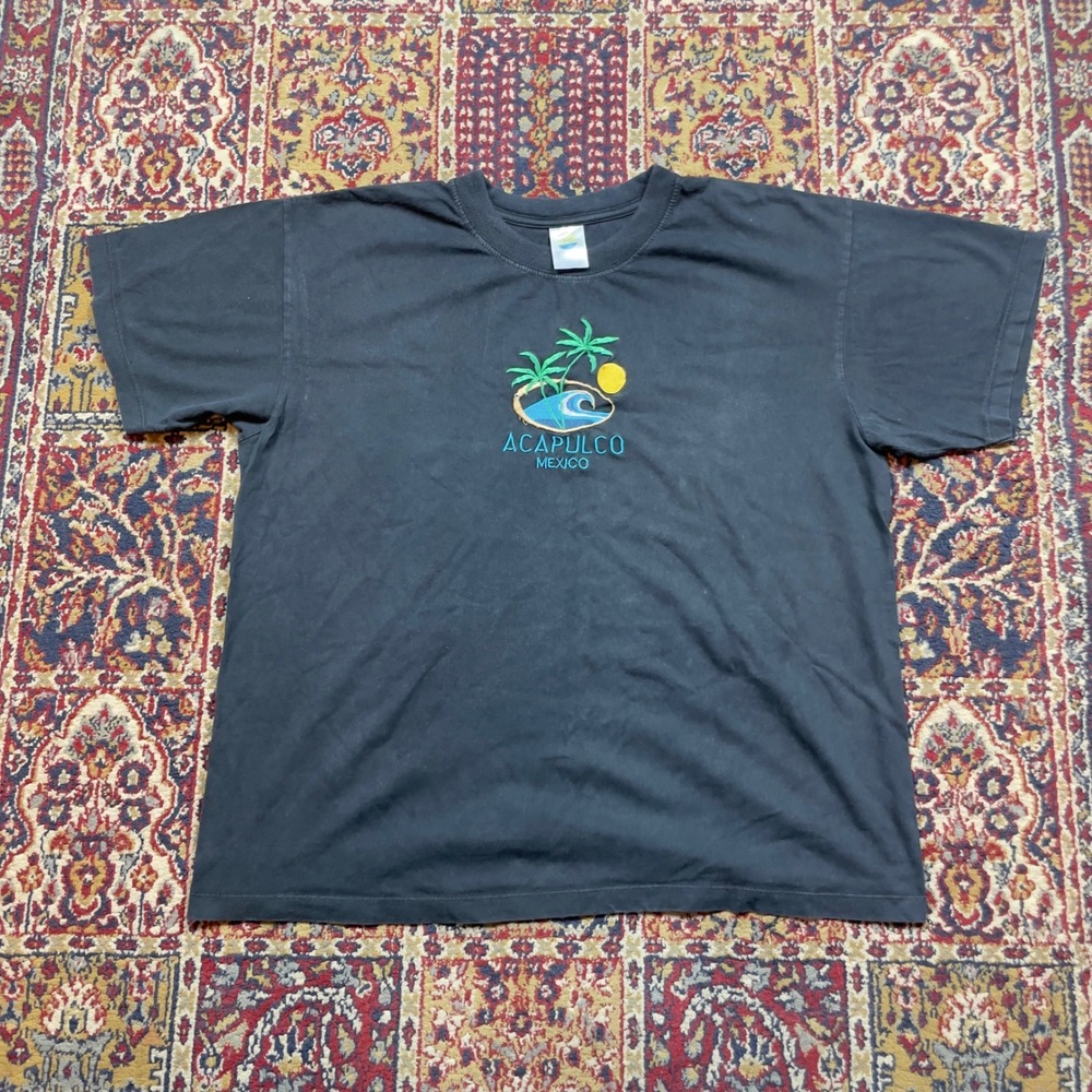 VTG 90s Caribbean Tropic Acapulco Mexico Graphic‎ T Shirt Black Embroidered